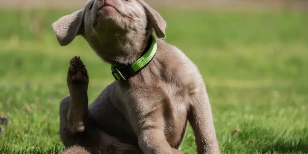 Hund auf einer Wiese kratzt sich am Ohr mit Pfote
