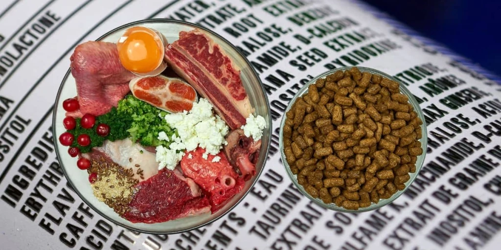 Napf voller frischer Lebensmittel für den Hund, Leber, Herzen, Hühnchen, Käse, Broccoli und direkt daneben alles kombiniert und abgebildet in Presslingen. Im Hintergrund siehst du eine Zutatenliste