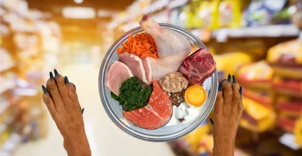 Einen Napf voller Leckereien für den Hund u. A. Lachs, Hühnchen, Ei, Rind und Gemüse im Hintergrund regale voller Hunde Futtersäcke.
