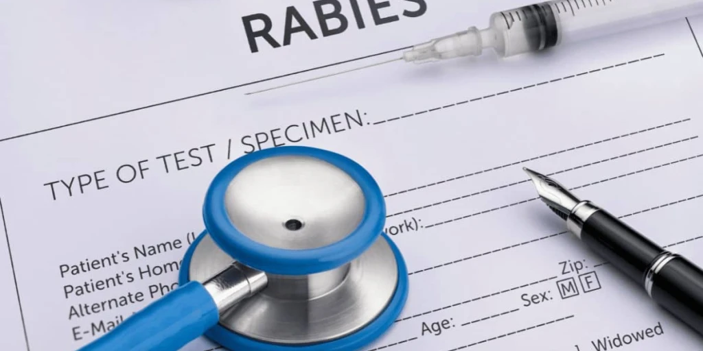 Das Bild zeigt einen Testbogen zur Untersuchung auf Tollwut-Antikörper (engl. Rabies = Tollwut). Es liegt eine Spritze, FĂŒller und ein Stethoskop auf dem Testbogen.